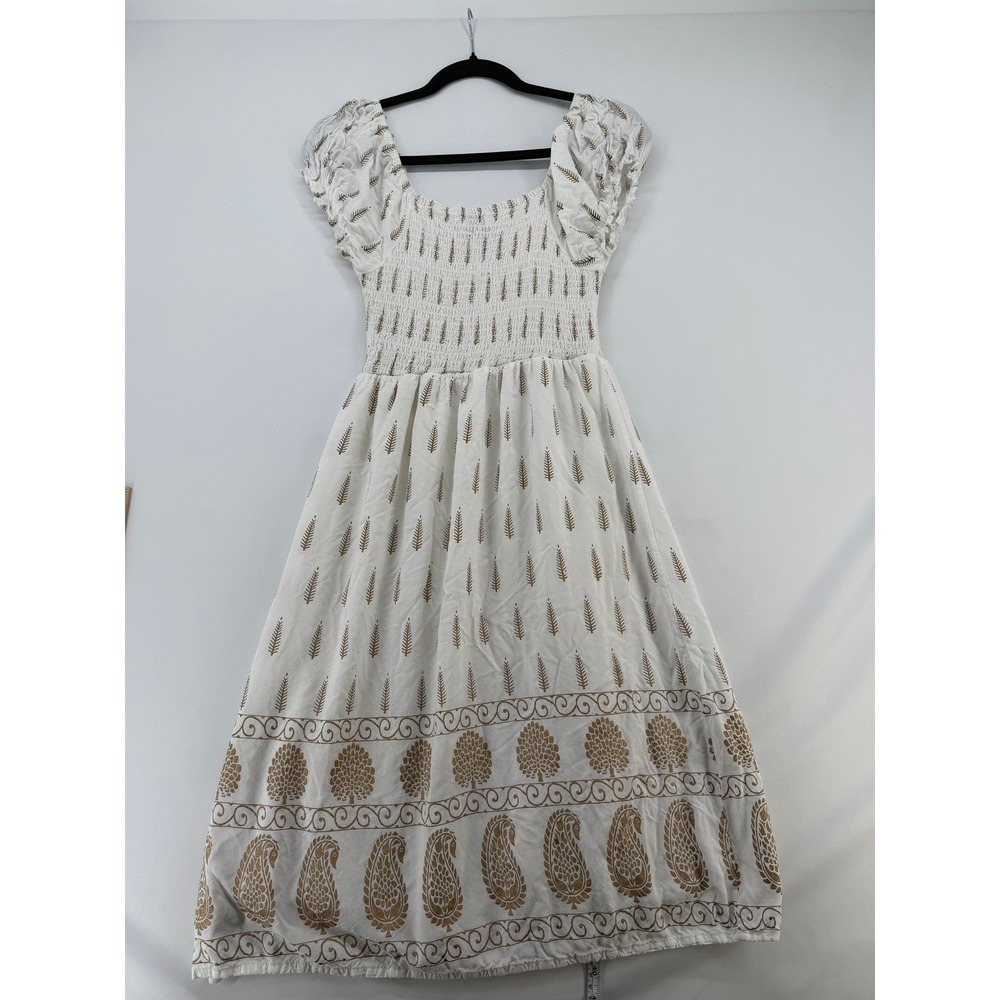 Lapogee White Gold Block Print Smocked Midi Dress Womens SM Boho Paisley India